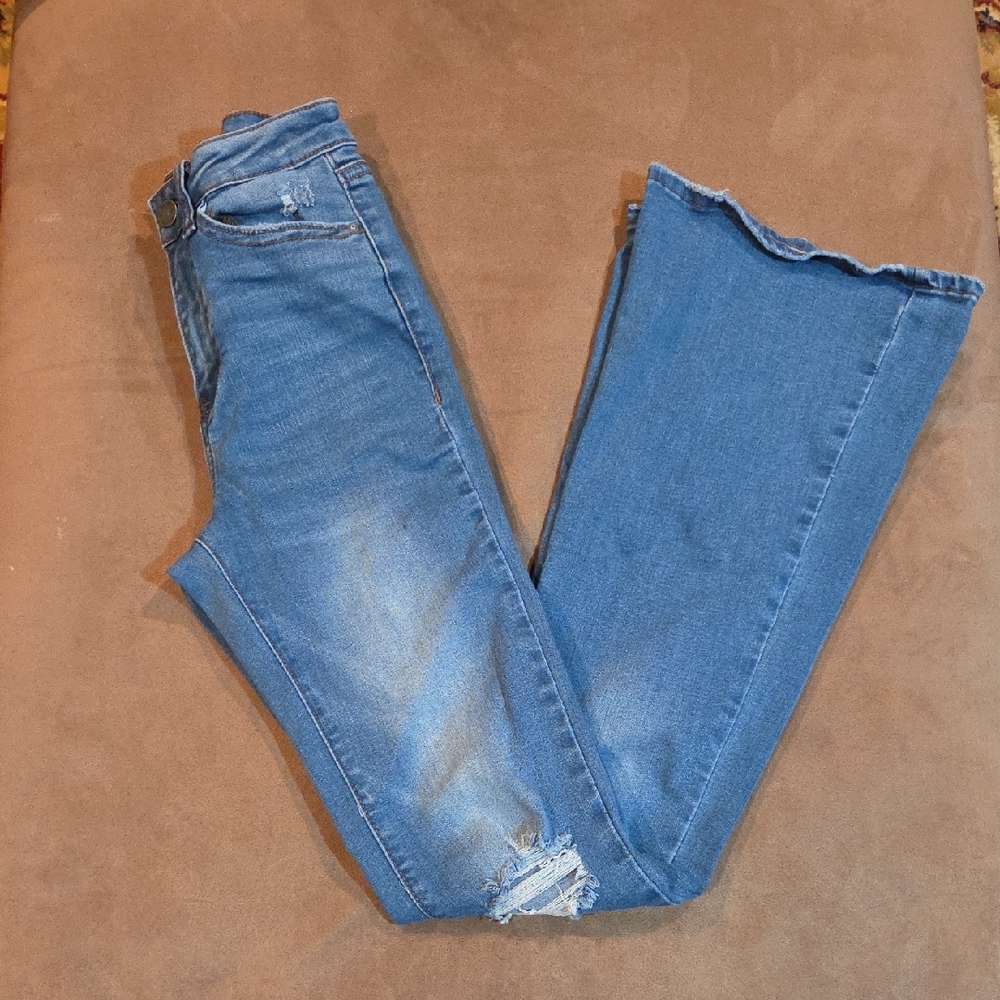 Trendy Distressed Blue Flare Jeans